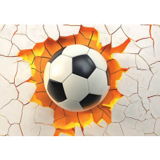 Fotobehang voetbal door de muur met 3D-effect van een bal die door gebarsten wand knalt.