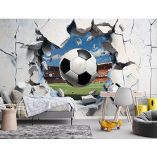Fotobehang Voetbal door de Muur in een kinderkamer, waar het 3D-effect van de doorbrekende bal zorgt voor een stoere en sportieve sfeer.