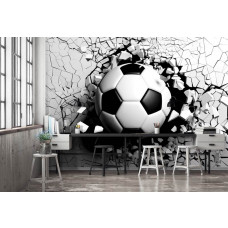 Ein Büro mit einer beeindruckenden Fototapete mit einem Fußball in der Mitte einer kaputten Wand, dargestellt in 3D.