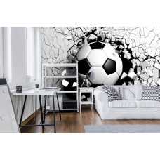 Ein Kinderzimmer mit einer beeindruckenden Fototapete mit einem Fußball in der Mitte einer kaputten Wand, dargestellt in 3D.