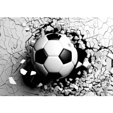 Eine beeindruckende Fototapete mit einem Fußball in der Mitte einer kaputten Wand, dargestellt in 3D.