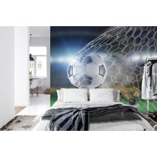 Eine Fototapete mit einem beeindruckenden Torschuss aus einem Fußballspiel in einem Schlafzimmer.