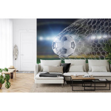 Eine Fototapete mit einem beeindruckenden Torschuss aus einem Fußballspiel in einem Wohnzimmer.