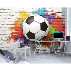 Eine Fototapete mit einem Fußball-Graffiti-Spektakel-Wandgemälde in einem Gaming-Zimmer.