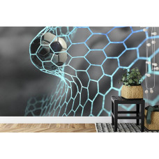 eine Fototapete mit einem Fußball, der ins Netz trifft, in einem Kinderzimmer.