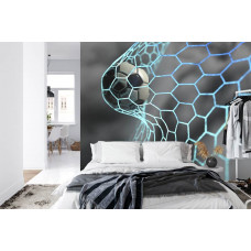 eine Fototapete mit einer Nahaufnahme eines Fußballs, der im Netz landet, in einem Schlafzimmer.