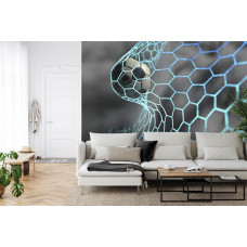 Eine Fototapete mit einem dynamischen Bild eines Fußballs, der ins Netz trifft, in einem Wohnzimmer.