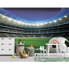 Eine Fototapete mit einem Fußball auf einem Rasenfeld in einem großen Stadion, perfekt für ein Kinderzimmer.