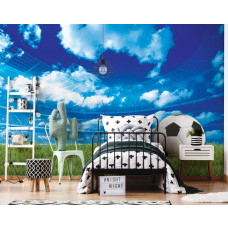 Fototapete einer Stadionszene mit grünem Rasen, entworfen für ein Kinderzimmer.