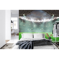 Eine Fototapete mit einem stimmungsvoll beleuchteten Stadion bei einem spannenden Fußballspiel in einem Schlafzimmer.