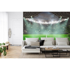 Eine Fototapete mit einem actiongeladenen Bild eines Fußballspiels in einem vollen Stadion in einem Wohnzimmer.