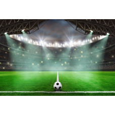 Fototapete mit einem Fußball, der über einem vollen Stadion durch die Luft schwebt, mit Tribünen voller begeisterter Zuschauer.