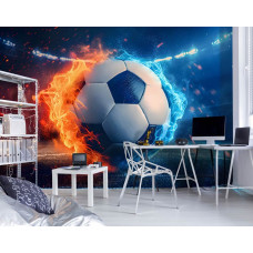 Eine Fototapete mit einer feurigen Fußballszene in einem intensiven Duell, passend für ein Spielzimmer.