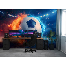 Eine Fototapete mit einer feurigen Fußballszene in einem intensiven Duell, ideal für ein Gamezimmer.