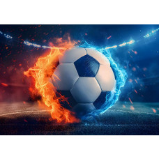 Fototapete von einem Fußball in einem feurigen Duell mit Flammen, perfekt für Sportliebhaber.