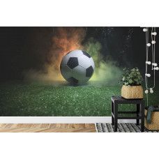 Fototapete mit einem magischen Fußball in einem abstrakten Stil in einem Kinderzimmer.