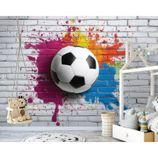 Fotobehang voetbal met kleurrijke verfspetters in een kinderkamer, waar het sportieve ontwerp een stoere blikvanger vormt.