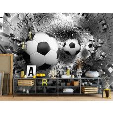 Fototapete eines Fußballpuzzles mit silbernem 3D-Tunnel, geeignet für ein Kinderzimmer.