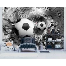 Fototapete eines 3D-Tunnels mit silbernen Fußbällen in Puzzleform für ein Kinderzimmer.