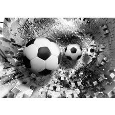 Fototapete eines silbernen Tunnels und Puzzleformen, die Fußbälle darstellen.