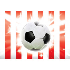 Rote und weiße Fußbälle im Hintergrund dieser Fototapete für Kinder.