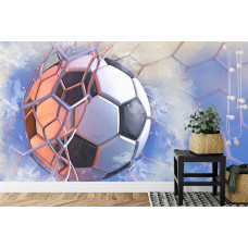 Fototapete mit der malerischen Darstellung eines Fußballtores in einem Kinderzimmer.