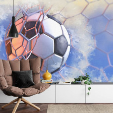Fototapete mit der malerischen Darstellung eines Fußballtores in einem Wohnzimmer.