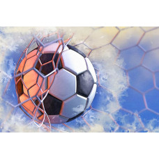 Fototapete mit der malerischen Darstellung eines Fußballtores, wobei der Moment des Torschusses in der Mitte des Bildes liegt.