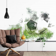 Fototapete mit der malerischen Darstellung eines Fußballs in einem Wohnzimmer.