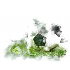 Fototapete mit einem Gemälde mit einem Fußball, künstlerisch dargestellt in einem abstrakten Stil mit leuchtenden Farben.