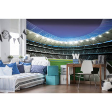 Fototapete eines brasilianischen Fußballstadions mit der Flagge, geeignet für ein Spielzimmer.