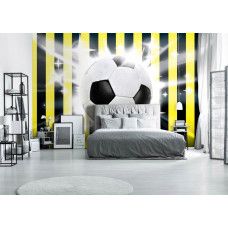 Fototapete mit Fußball auf schwarz-gelbem Hintergrund, geeignet für das Schlafzimmer.