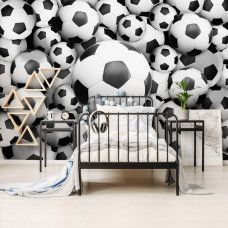 Fototapete mit 3D-Fußbällen für Kinder im Kinderzimmer.