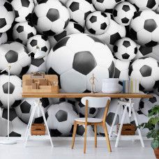 Fototapete mit sportlichen Fußbällen in 3D-Effekt für das Büro.