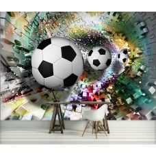 Fototapete von Fußbällen in Puzzleform mit 3D-Tunnel-Effekt, geeignet für Kinderzimmer, Schlafzimmer und Büro.