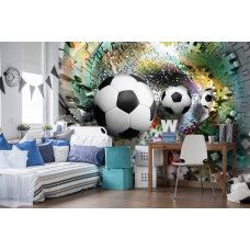 Fototapete eines Puzzles mit Fußbällen und 3D-Effekt, ideal für ein Kinderzimmer und Schlafzimmer.