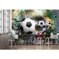 Fototapete mit Fußbällen in einem Puzzle, perfekt für ein Kinderzimmer.