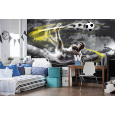 Fototapete mit einem Fußballer in Aktion in einem Stadion, ideal für einen Kindergarten.