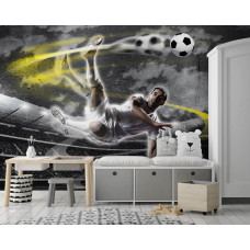 Fototapete mit einem Fußballer in Aktion auf dem Fußballfeld, ideal für einen Kindergarten.