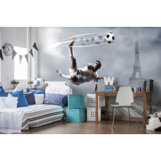 Fototapete mit einem Fußballspieler in Paris mit dem Eiffelturm, geeignet für Kinderzimmer und Schlafzimmer.
