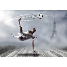 Fototapete mit einem Fußballspieler, der in Frankreich eine Wende macht, mit dem Eiffelturm im Hintergrund.