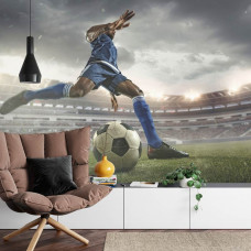 Eine Fototapete, die einen Fußballer in Aktion in einem Stadion in einem Wohnzimmer zeigt.