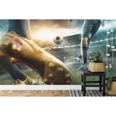 Eine Fototapete mit Fußballern in Aktion in einem Stadion in einem Kinderzimmer.