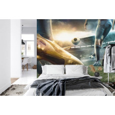 Eine Fototapete mit Fußballern in Aktion in einem Stadion in einem Schlafzimmer.