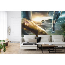 Eine Fototapete mit Fußballern in Aktion in einem Stadion in einem Wohnzimmer.