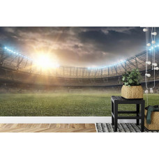 Fototapete mit einer 3D-Darstellung eines Fußballstadions in einem Kinderzimmer.