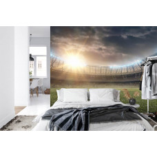 Fototapete mit einer 3D-Darstellung eines Fußballstadions in einem Schlafzimmer.