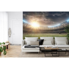 Fototapete mit einer 3D-Darstellung eines Fußballstadions in einem Wohnzimmer.