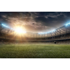 3D-Fototapete eines Fußballstadions mit einem sich dynamisch durch die Luft bewegenden Ball, der auf ein Tor zielt.