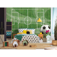 Fototapete mit einem Fußballfeld und Gras, geeignet für Kinderzimmer und Jugendzimmer.